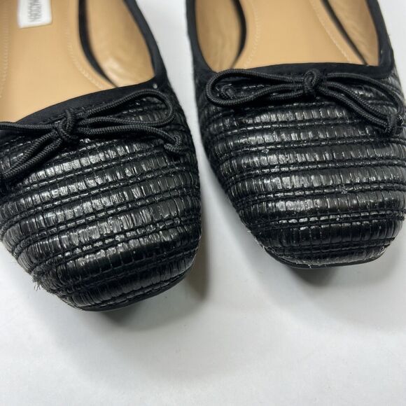 Steve Madden Black Seemly Raffia Straw Ballet Flats 8 Woven Bow Tie - Picture 4 of 10